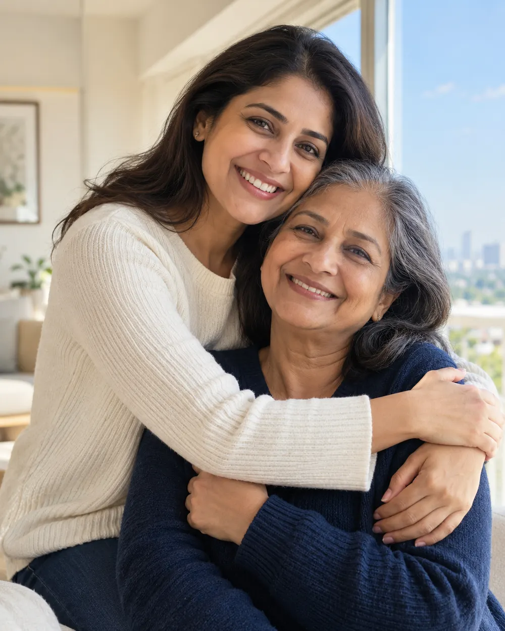 Illustrative image of a daughter embracing her mother